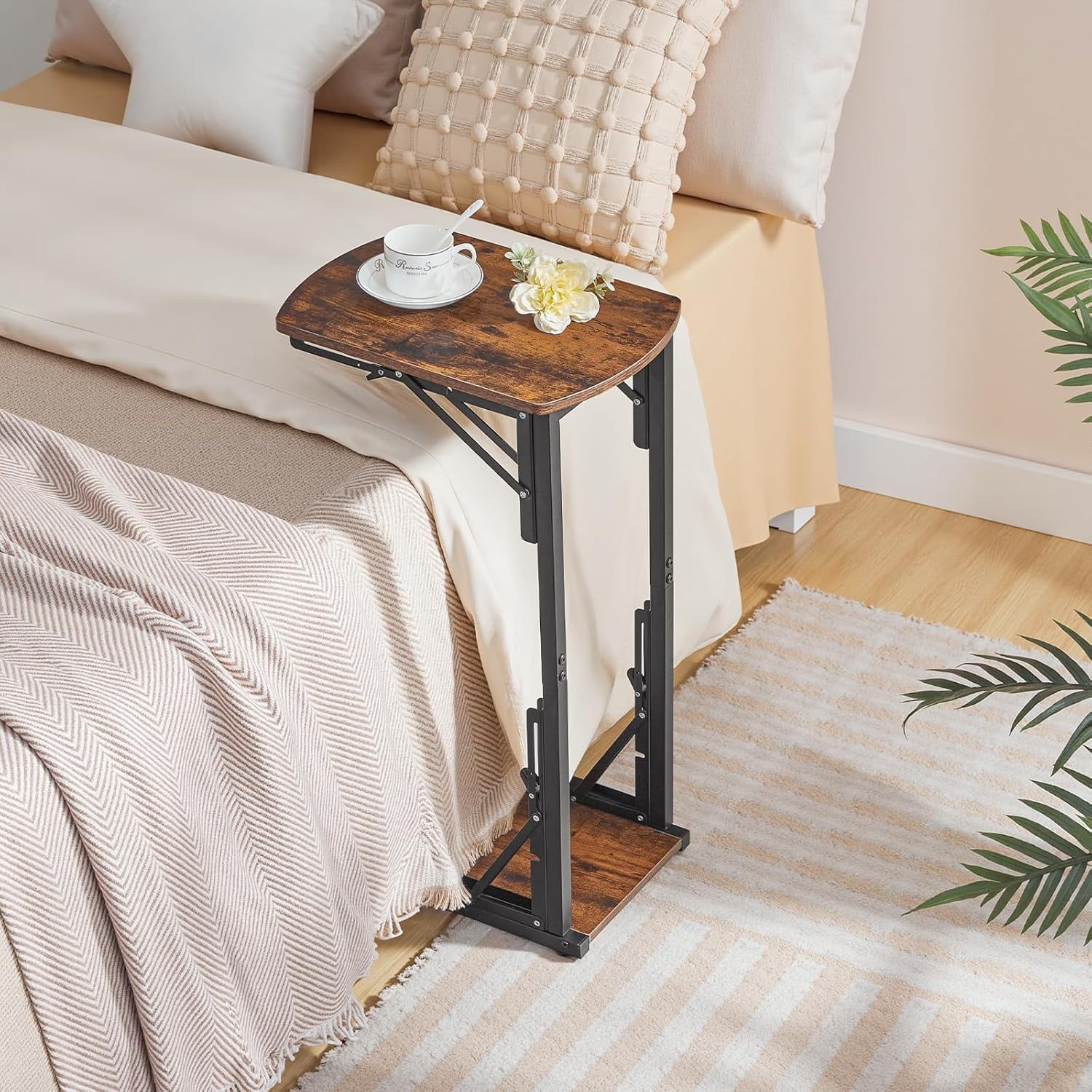 Folding C Shaped End Table, Adjustable Small Sofa Side Laptop Desk, Foldable Couch TV Tray Table for Small Spaces, Living Room, Bedroom, Rustic Brown ETHR4101