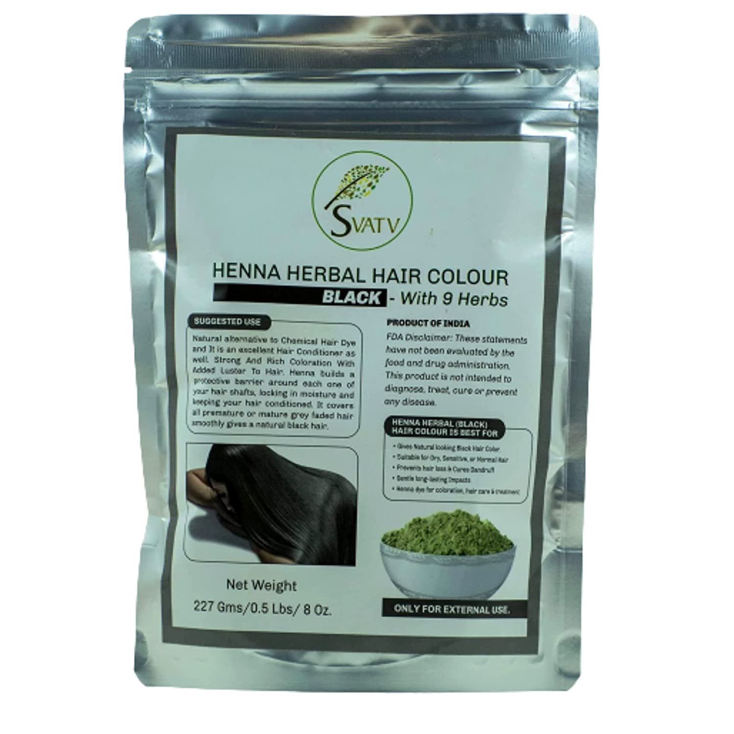 SVATV Black Henna Hair Colour with Goodness of 9 Herbs | Black Henna Mehndi  for Hair, Make Hair Soft & Shiner Natural Hair Color for Men & Women 227g  ,08oz 