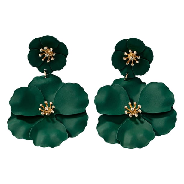 Pendientes colgantes de flores, pendientes de pétalos florales, pendientes colgantes románticos, elegantes pendientes de zinc. Verde oscuro