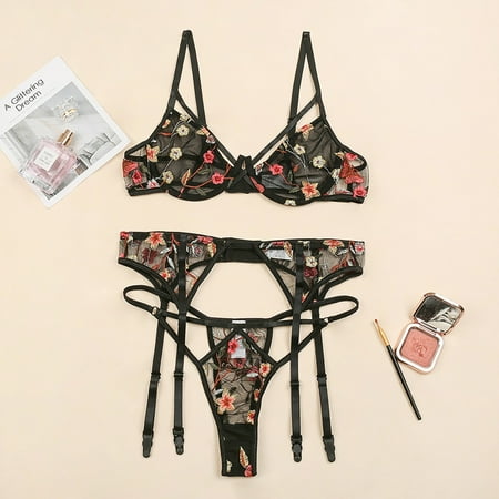 

YDKZYMD Women s Lingerie 3 Piece with Garter Belt Lace Sexy Pajamas Set Embroidery Teddy Babydoll Lingerie Set Black S-2XL