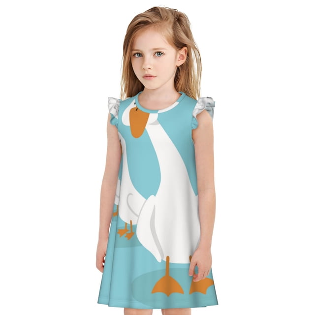 Fotbe Three White Geese Vestido de Dormir para Niñas de 3 a 10 Años, Mangas Cortas, Estilo Princesa, Pijama Camisón con Mangas Voladas-X-Large