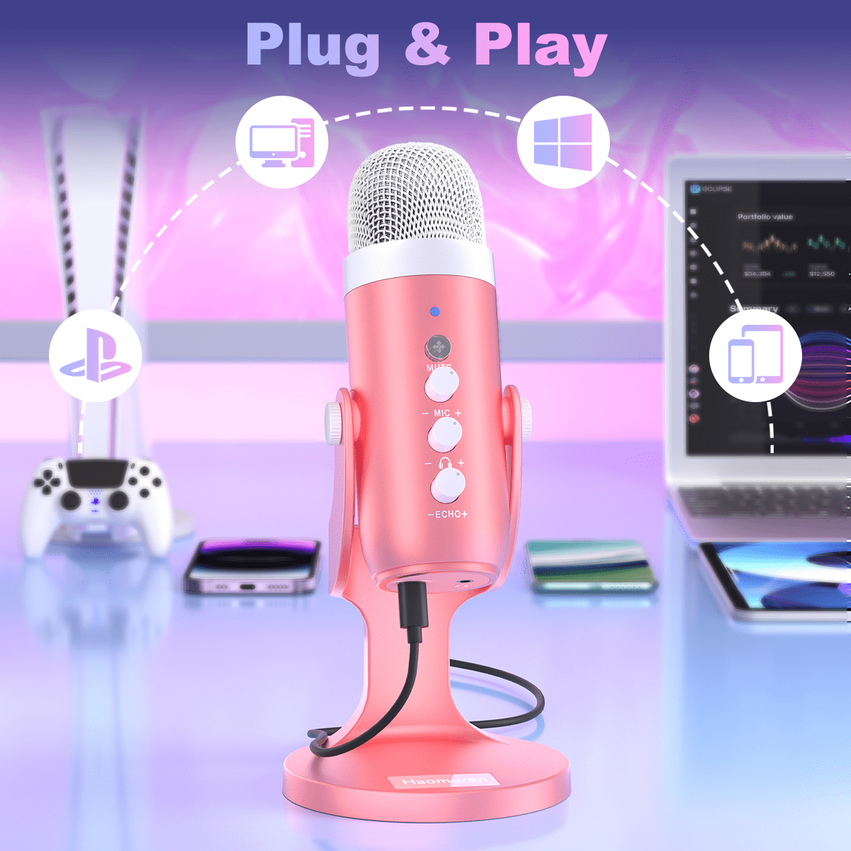 Haomuren Pink USB Gaming Microphone for PC/Phone/PS5, Studio Mic with Mute, Echo, Gain & Monitor Control for Streaming, Podcast, ASMR, Vocal