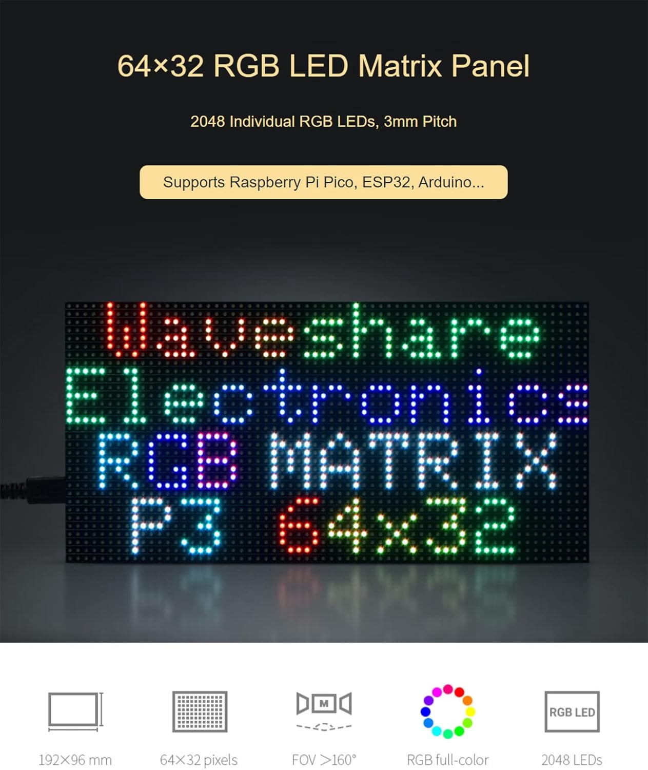 LED Matrix Panel 64x32 Compatible with Arduino ESP32, 3mm Pitch 2048 Dots RGB LEDs Module Bare Screen, Allow The Display of animations of Colorful Text Images (192mm×96mm)