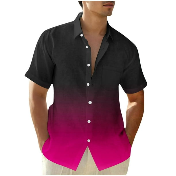 Ceisia Men's Gradient Print Short Sleeve Button Down Shirt for Casual & Vacation Wear Hot Pink XXXXL Gifts
