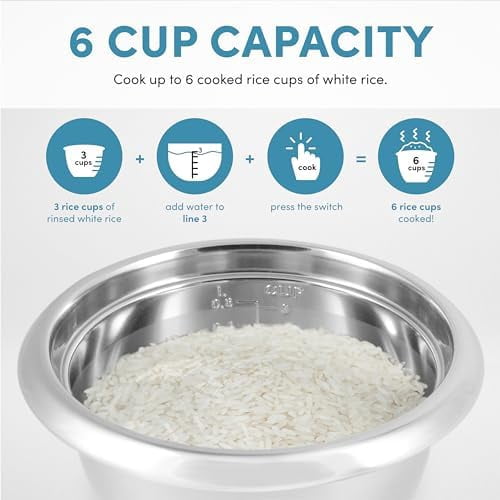 ® Select Stainless® Rice Cooker, 3-Cup (Uncooked) / 6-Cup (Cooked), Stainless Steel Inner Pot, Small Rice Cooker, Auto Keep Warm, 1.2 Qt, White, ARC-753SG