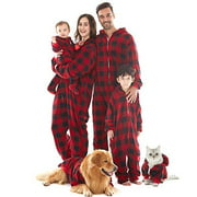 FLY HAWK Christmas Holiday Family Matching Plaid Pajamas Sets, Soft Fleece Hooded One Piece Pajama PJ Sets for Dad Mens L