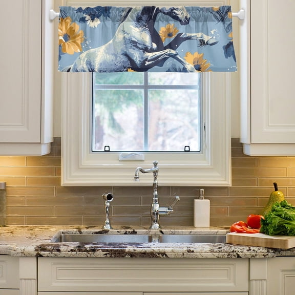 Horse in Flowers Floral Curtain Valances Farmhouse Design Window Treatment Decor Blackout Rod Pocket for Windows Living Room Kitchen 54" x 18"