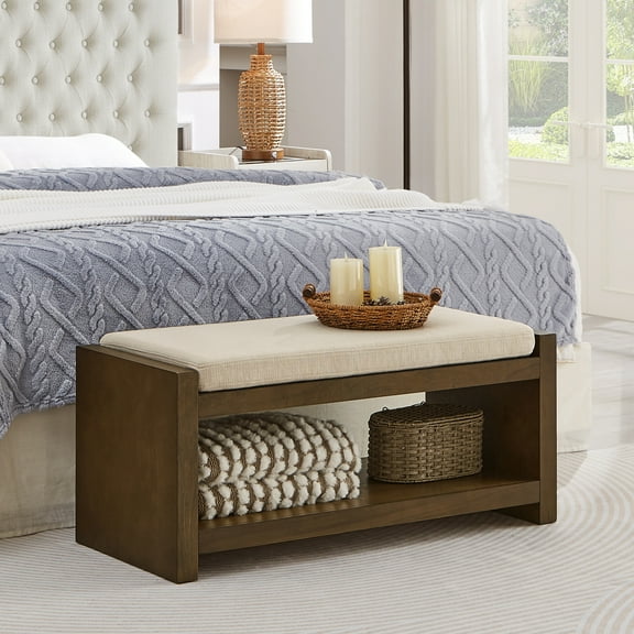 40" Padded Seating Bench with Lower Shelf Shoe Rack,Modern Compact Bed End Bench with Storage and Removable Cushion,Ottoman for Living Room,Bedroom and Entryway,Ivory