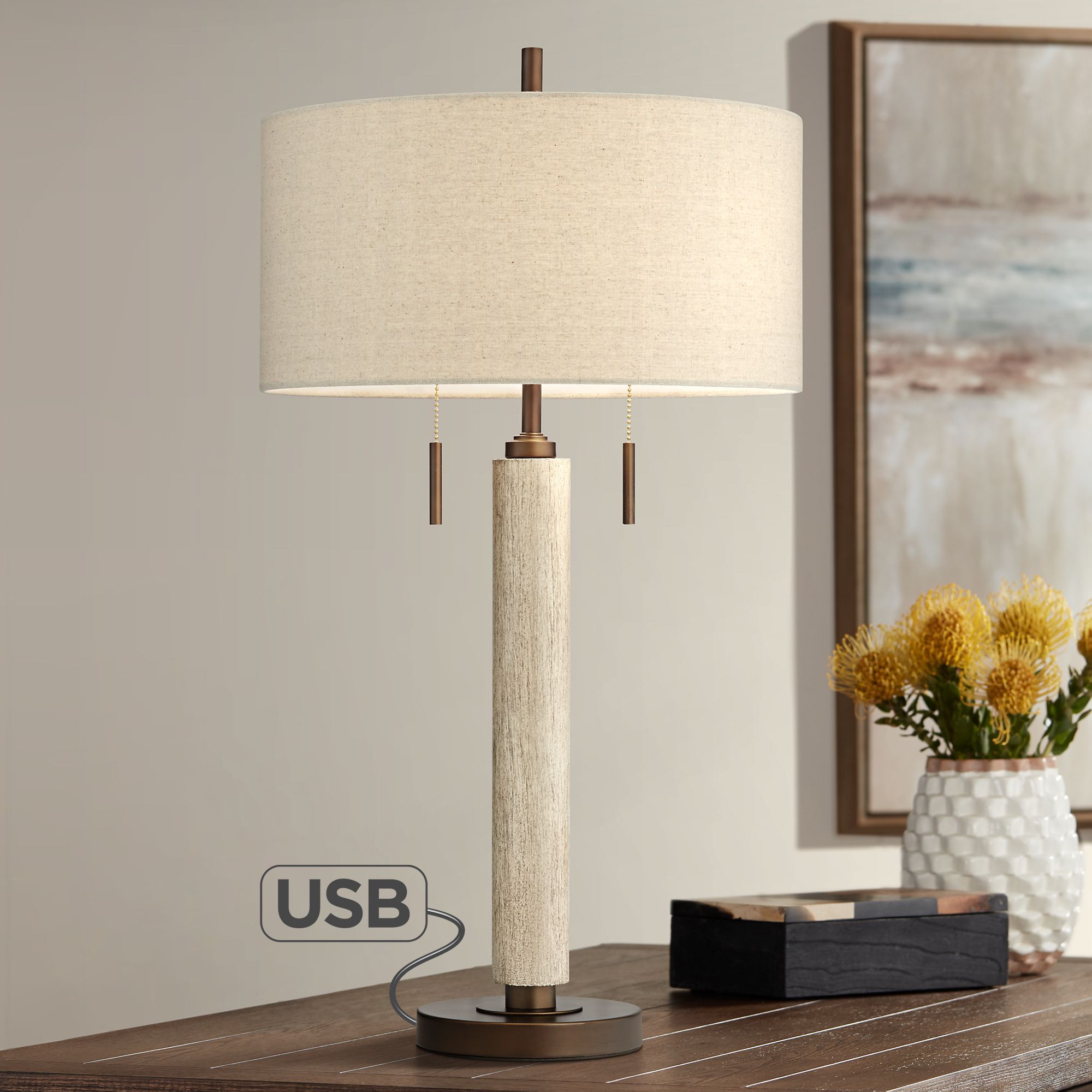 Franklin Iron Works Mid Century Modern Table Lamp with USB Port Wood