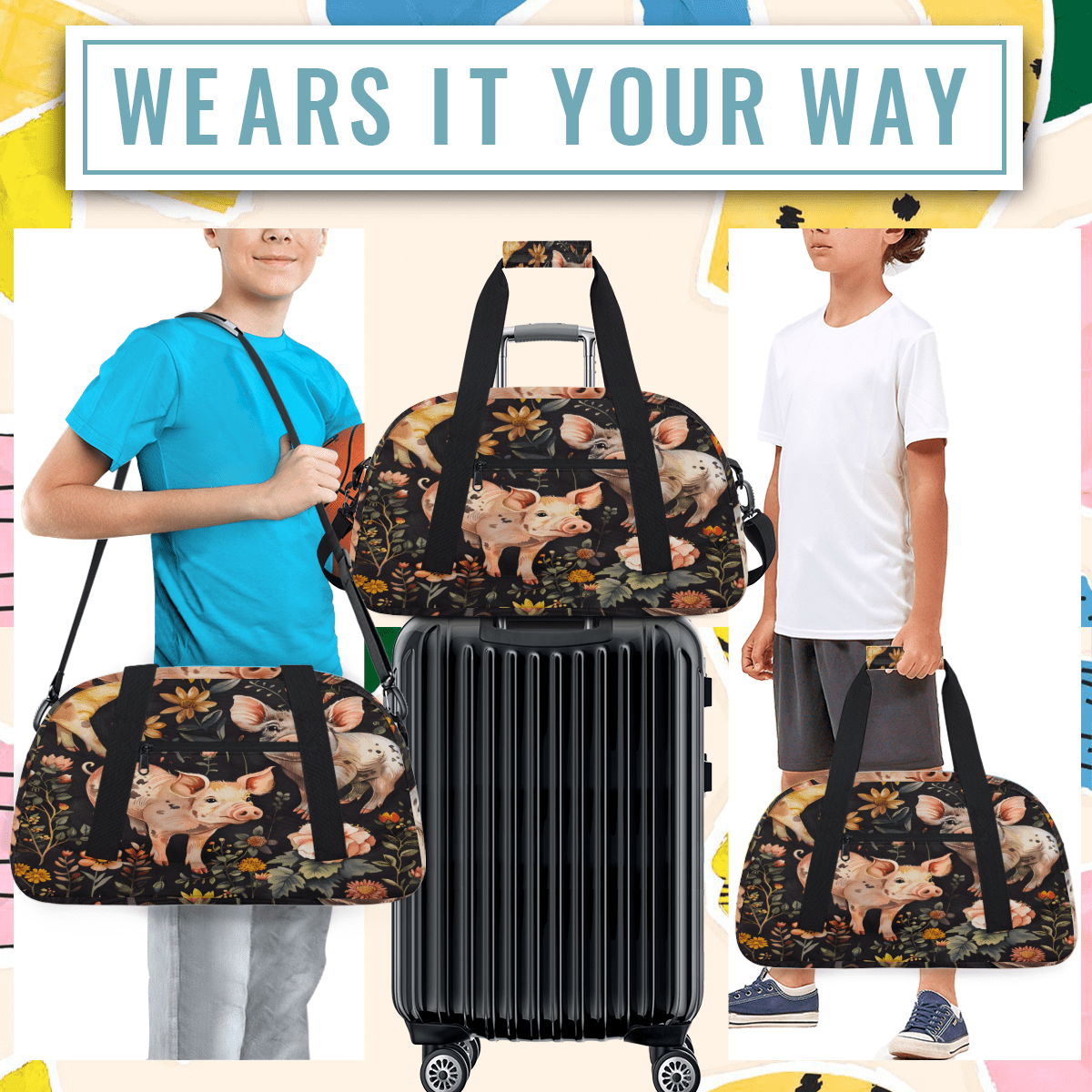 Herdesigns Sports Duffle Bags Travel Duffle Bag Gym Bag Floral Pig Animal Weekender Travel Bag Waterproof Overnight Bag Carry On Travel Tote Bag Dance Bags