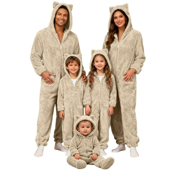 Christmas Matching Pajamas Family Christmas Family Matching Dad Romper Long Sleeve Hooded Full Length Pants Cat Ear Soft Sleepwear For Dad Beige L