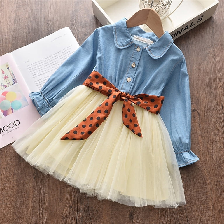 Woyy Toddler Girls Long Sleeve Denim Tutu Dress Spring Fall Contrast Tulle Dress, Sizes 2-3, Toddler Girl's, Size: 2-3 Years, Blue