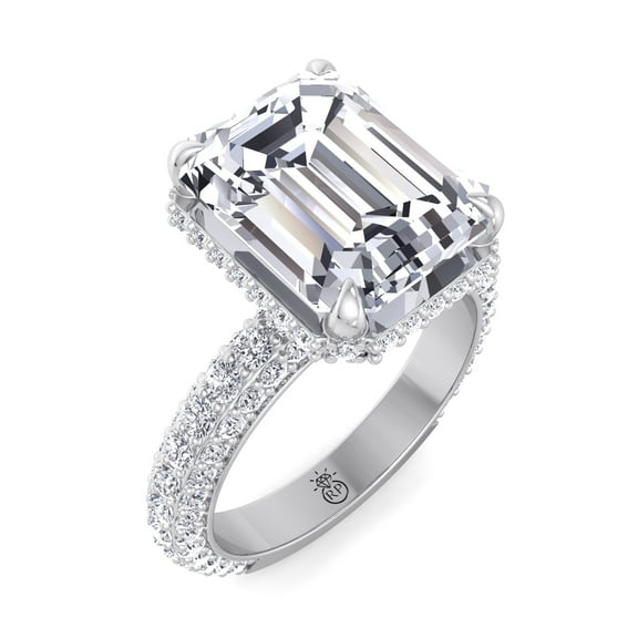 Azores - Moissanite Emerald Cut Lab Diamond Engagement Ring with Sidestones and Hidden Halo