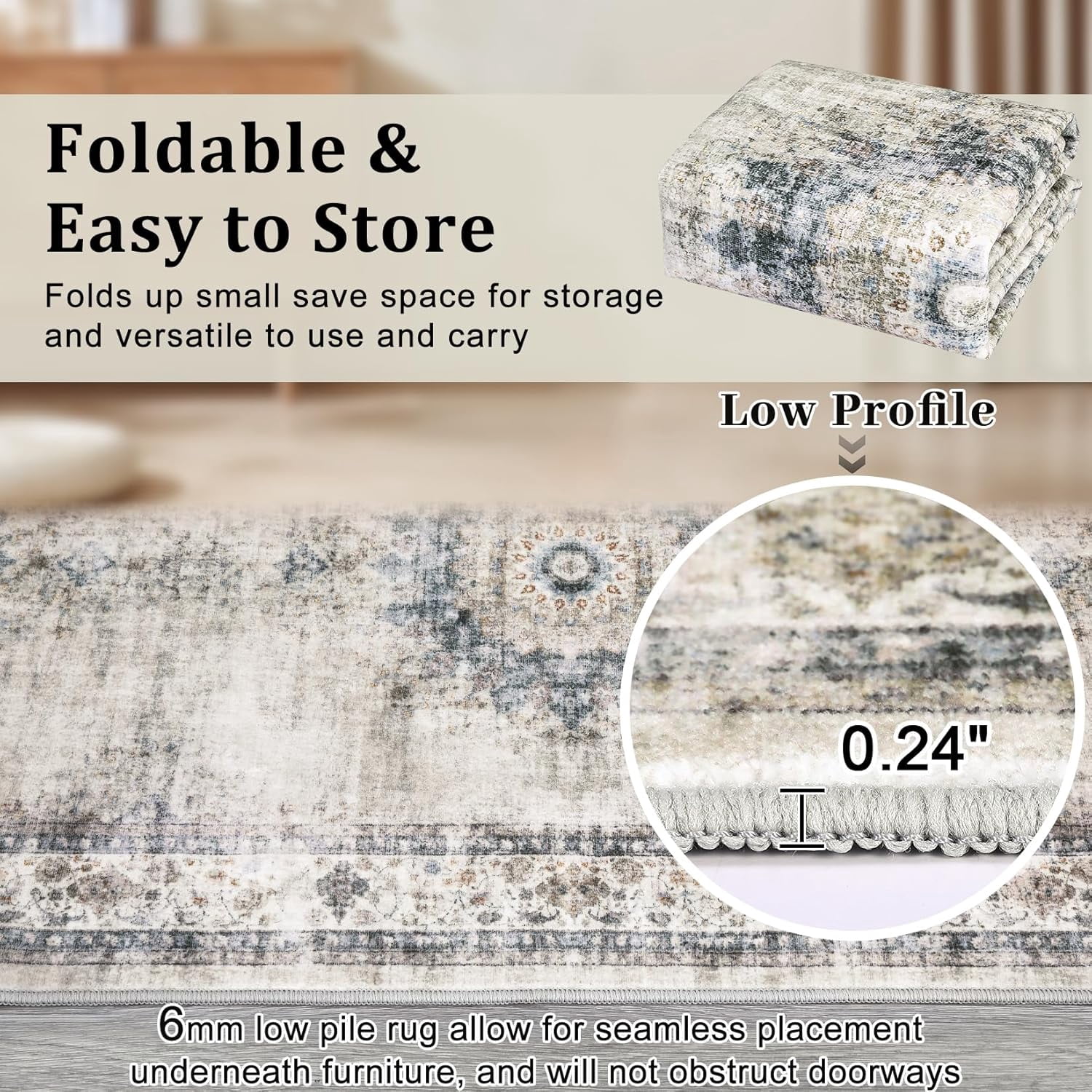 Bedroom Area Rug 5x7 Vintage Distressed Living Room Area Rug Non Slip Low Pile Large Dining Room Rug Soft Medallion Throw Floor Carpet Machine Washable Rugs for Home Office, Sage