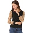 thumbnail image 1 of Blusa Allegra K Estampado De Leopardo Labor De Retazos Manga Larga Top Cuello V Amarillo Negro M, 1 of 6