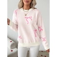 thumbnail image 3 of Women's Crew Neck Bow Jacquard Knit Sweater, Drop Shoulder Long Sleeve Loose Pullover Top for Christmas Holiday, 3 of 7