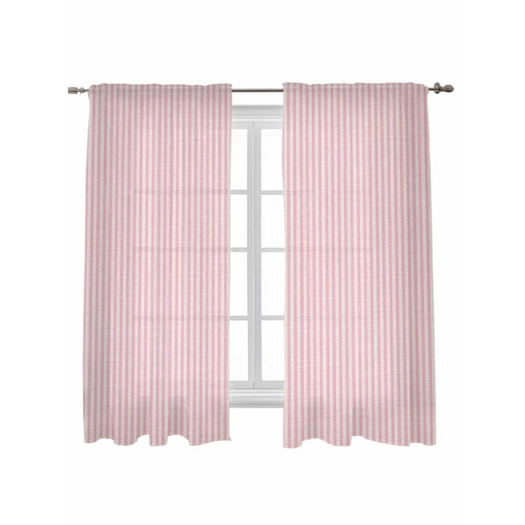 Pink Striped Curtains 63 Inch Length, Sheer Curtains for Bedroom Living Room Window Modern Simple Farmhouse Beige Vintage Rod Pocket Voile Drapes Kitchen Curtains Small Half Window 42"x63" 2 Panels