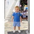 thumbnail image 4 of BemeyourBBs Toddler Baby Boy Back to School Outfit Kids Kindergarten Outfits Baby Boys Summer Clothes School Bus Embroidered Short Sleeve Zipper Lapel Shirt Tops and Plaid Pockets Shorts 2 Piece Set, 4 of 9