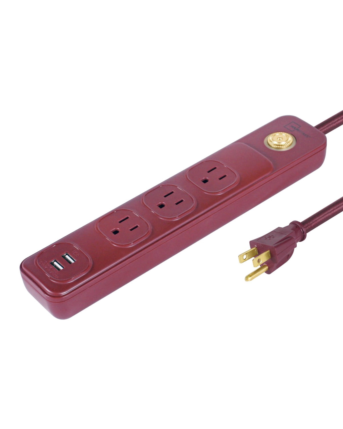 Mainstays 6' 14/3 SJT 3-Outlet Red Burgundy Retro Design Power Strip W/ 2 USB Ports