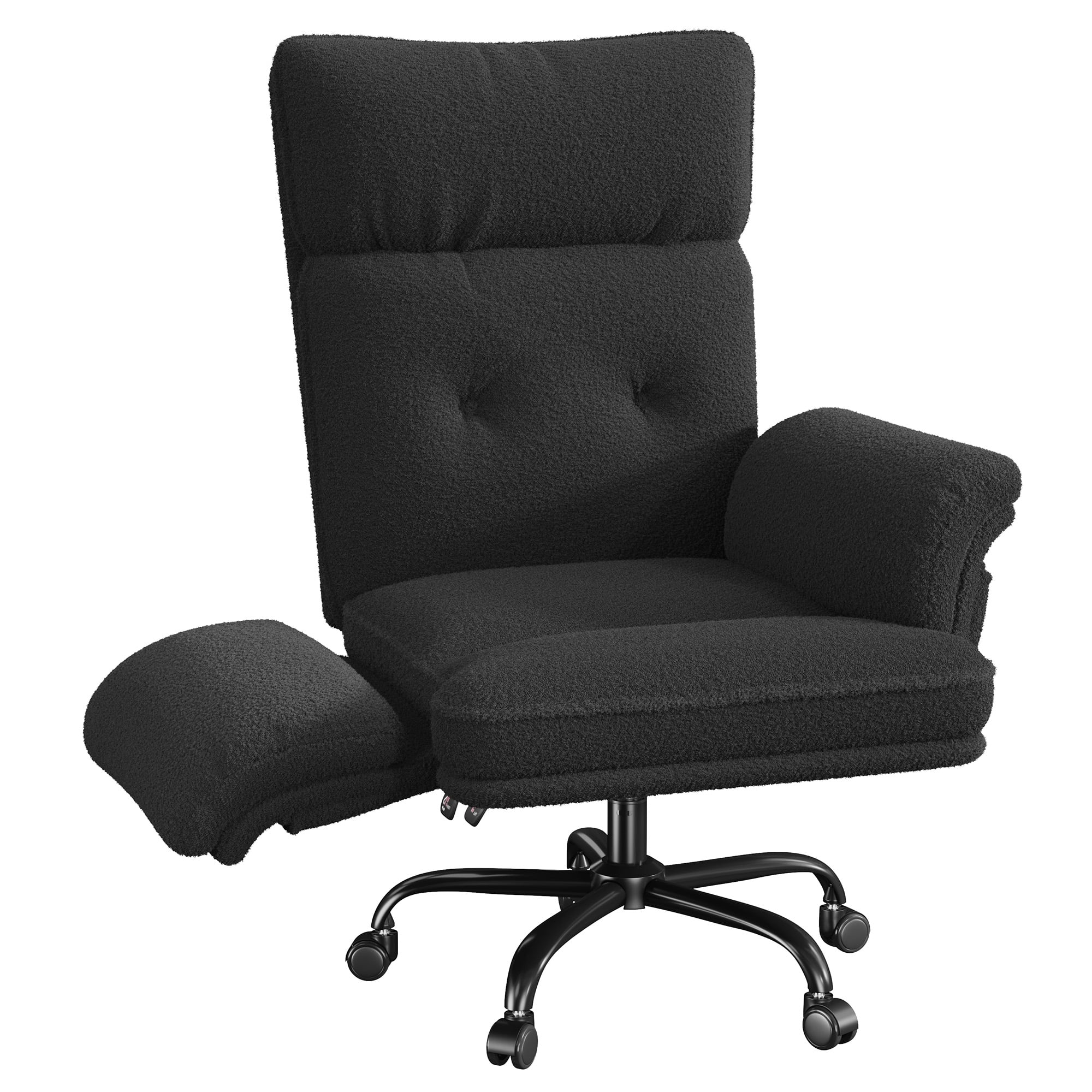 Romorgniz Criss Cross Chair with Armrests & Wheels Ergonomic Computer Gaming Chair with Two Side Pockets Teddy Plush Wide Seat Reclining Desk Chair for Home Office, Black
