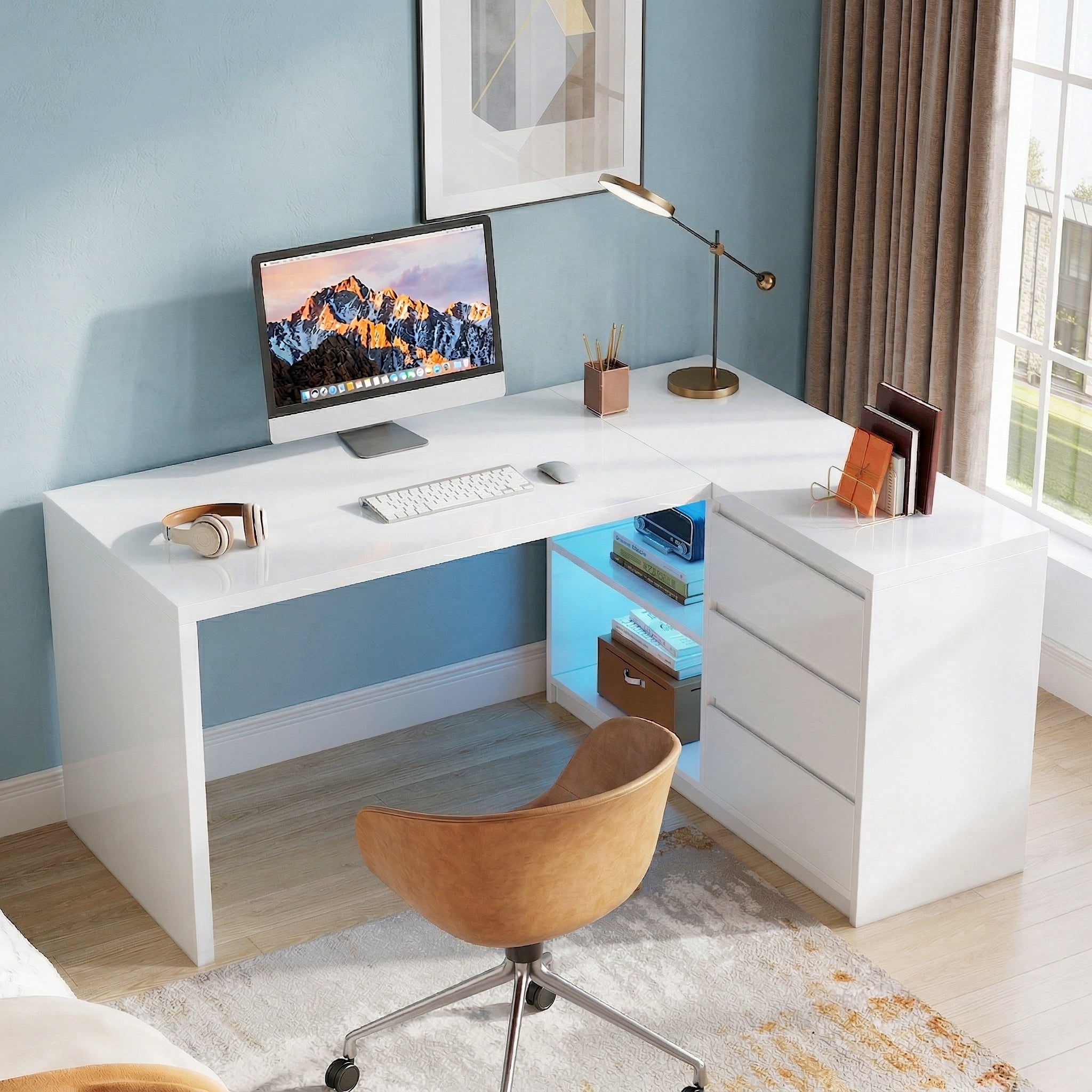 Fnova 55" L-Shaped Large Executive Desk with LED Lights & 3 Drawers, Modern Gloss Home Office Computer Desk 2 Storage Shelves, White