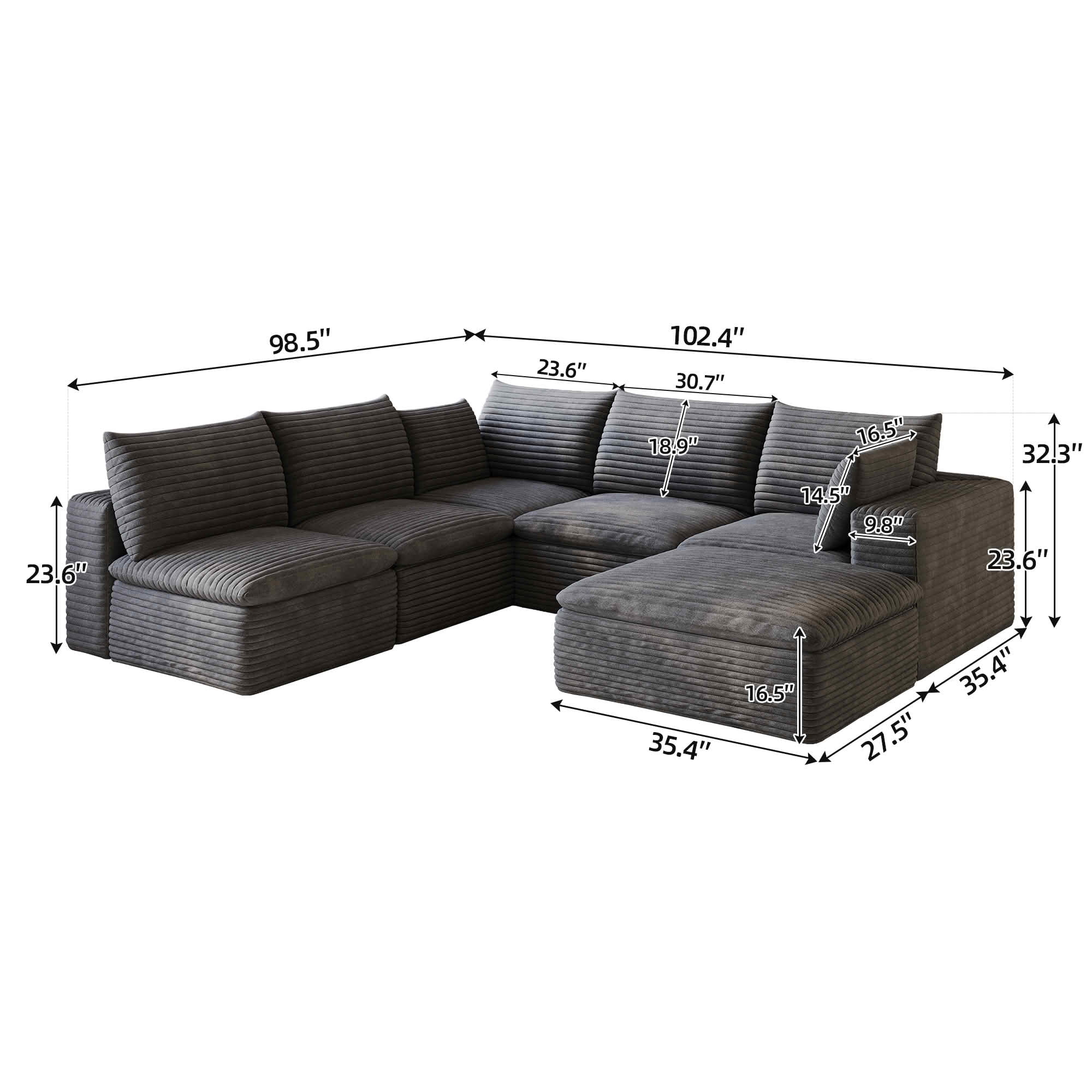 MAYEERTY 99×103-Inch Dark Gray Corduroy 6-Seat Cloud Modular Sofa, Deep Seat DIY Combination Couch with Removable Cushion No Assembly Required