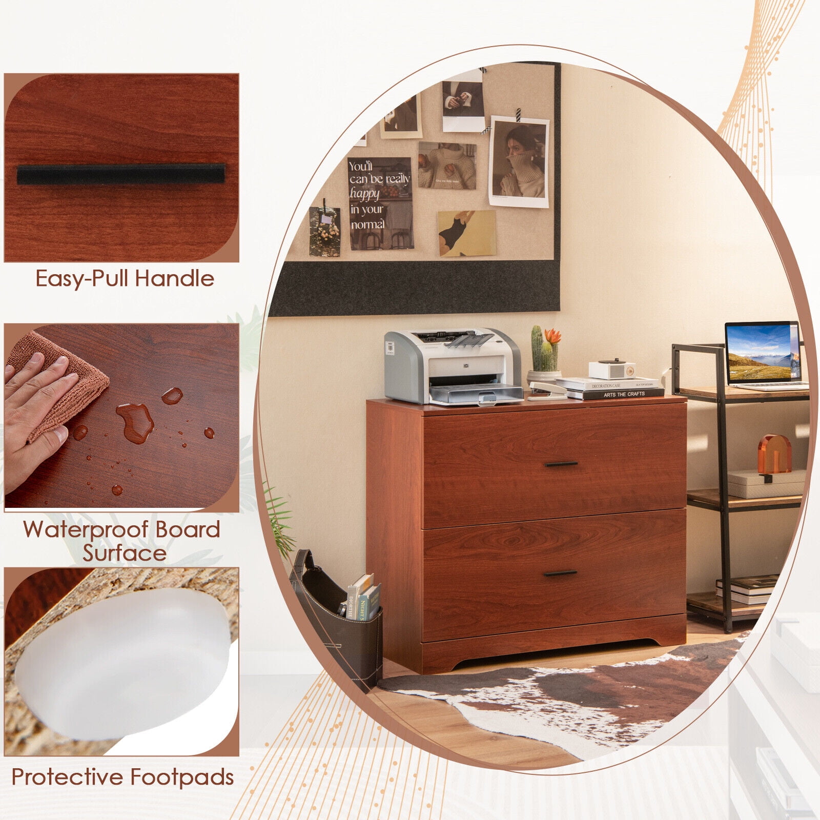 Amijoy 2-Drawer Wood Lateral File Cabinet w/ Adjustable Bars for Home Office Walnut