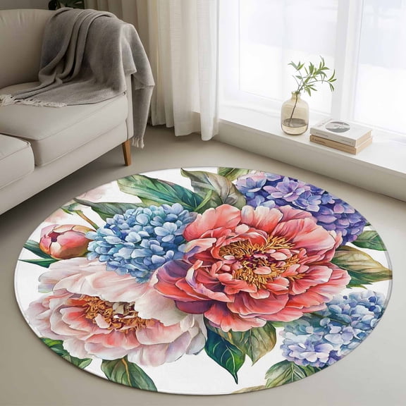 Pink Purple Hydrangea Round Rug 3ft Washable Circle Entryway Rugs Non Slip Spring Botanical Blossom Floral Area Rug Indoor Floor Carpet for Bedroom Kitchen Living Room Home Office Dining Room Nursery