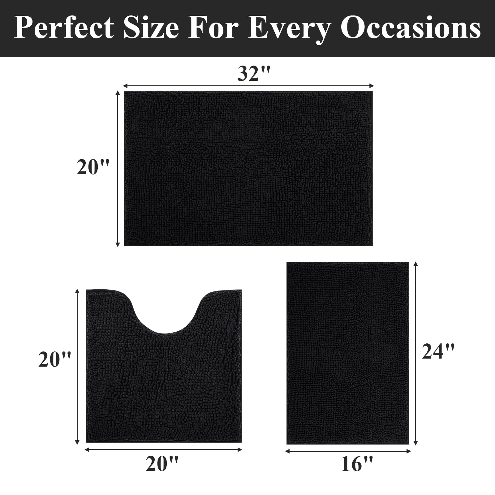 Vaukki Black Bathroom Rug Sets 3 Piece Ultra Soft Absorbent Shaggy Bath Mat Non Slip Toilet Rug for Bathroom
