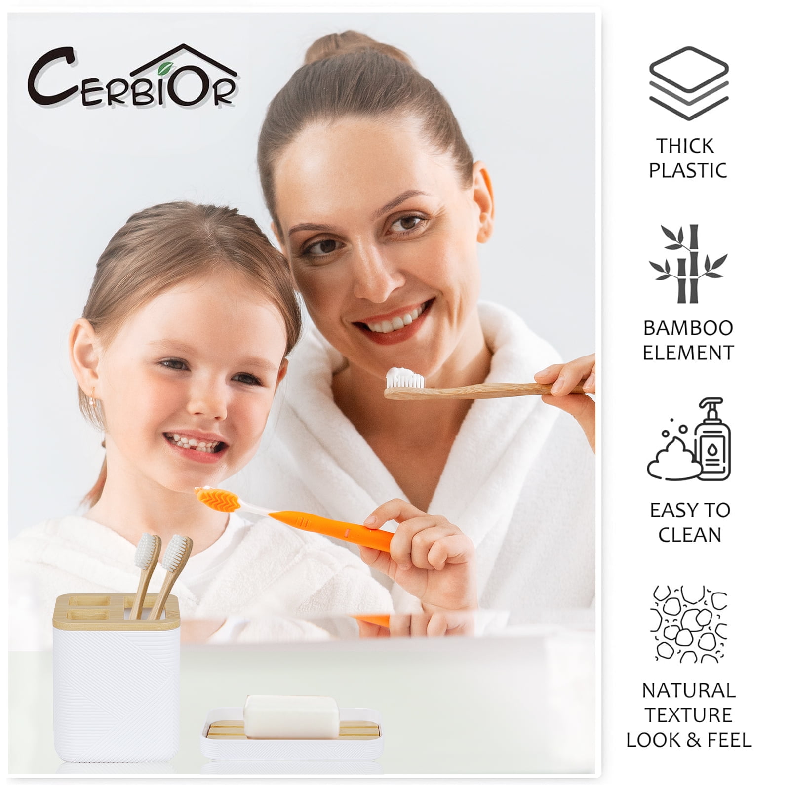 CERBIOR Bathroom Accessories Set 6 Piece Bamboo Bath Ensemble Includes Soap Dispenser, Toothbrush Holder, Toothbrush Cup, Soap Dish for Decorative Countertop and Housewarming Gift, White