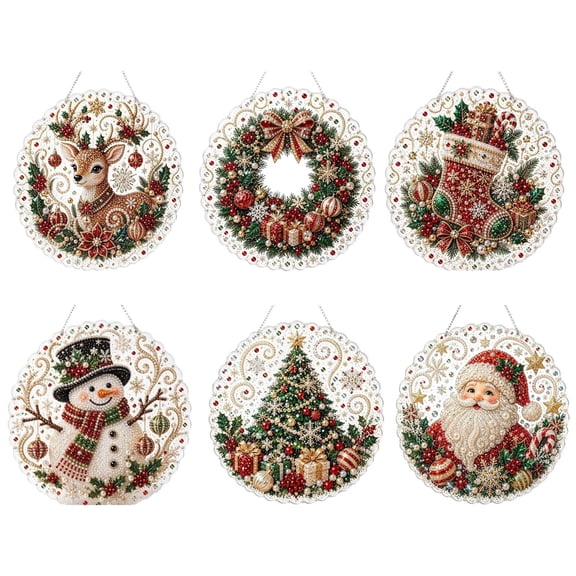 Christmas Pearl Diamond Art Ornament Kit, DIY Christmas Hanging Ornaments with Crystal Beads, Window Suncatcher Craft Kit Featuring Santa, Tree, Reindeer, Wreath and Stocking Decorations