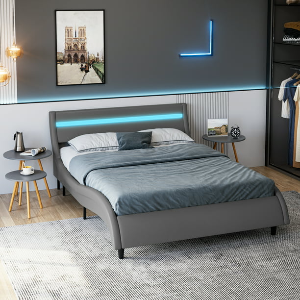 Homfa Queen Size Led Bed Frame, 16-Color Led Lights Platform Bed with