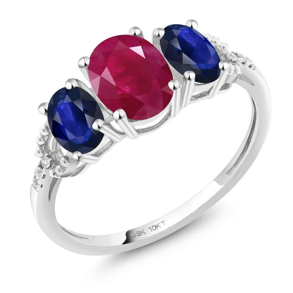 Gem Stone King 10K White Gold Red Ruby Blue Sapphire and White Diamond 3-Stone Women Engagement Ring (4.66 Cttw, Gemstone Birthstone, Size 9)