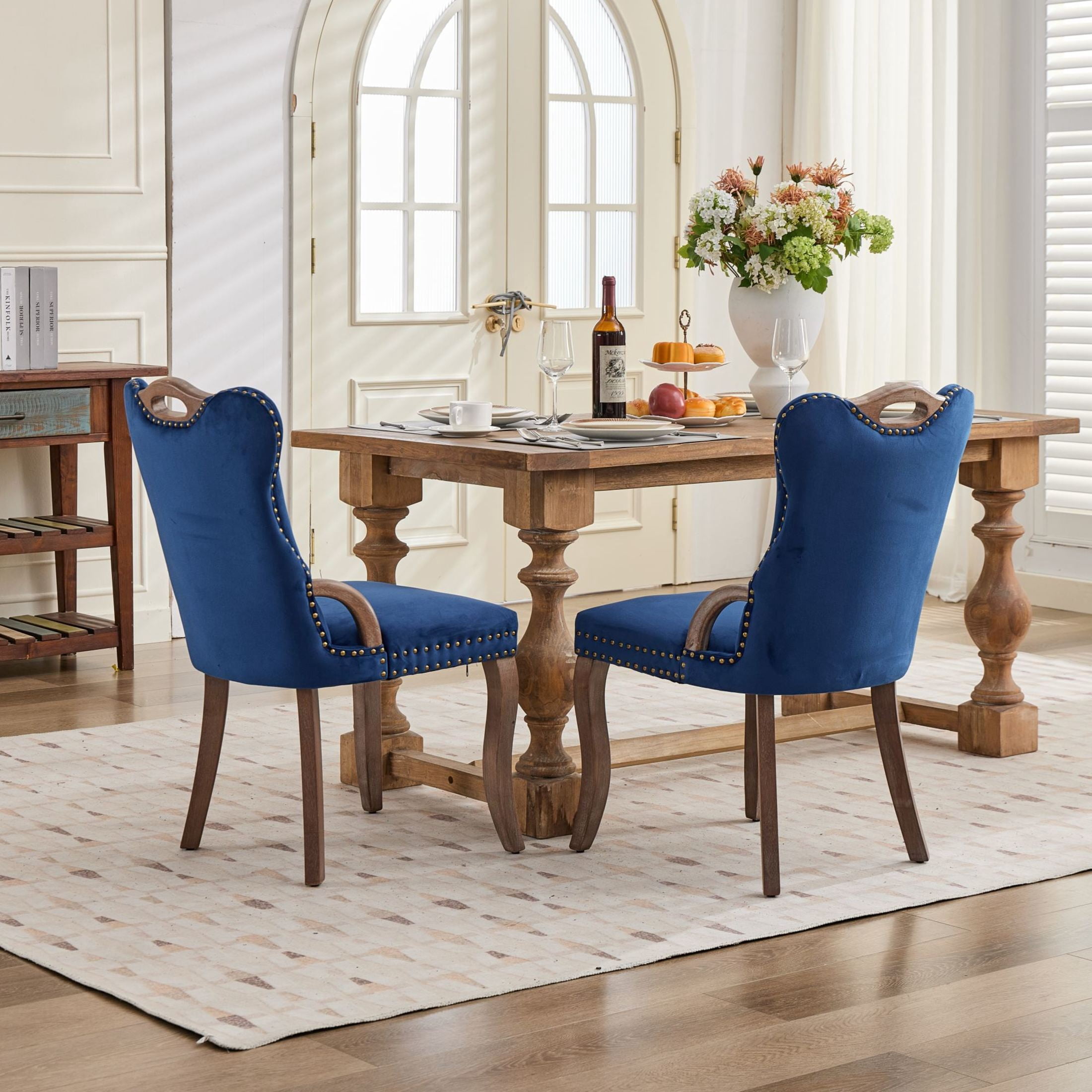 GDF Studio Set of 2 Dining Chairs with Tufted Velvet Upholstery, Copper Nailhead Trim, Blue