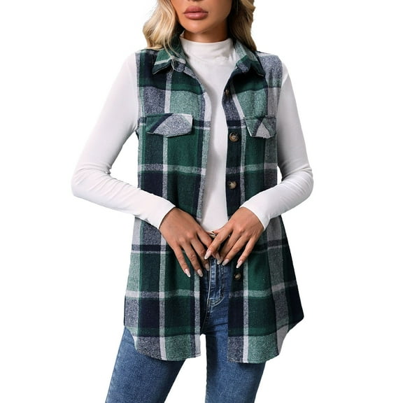 CCRFTGI Womens Long Vest Flannel Plaid Tweed Vest Tops Casual Lapel Neck Sleeveless Cardigan Outerwear Fall Winter Button Up Shirt Jacket Green S