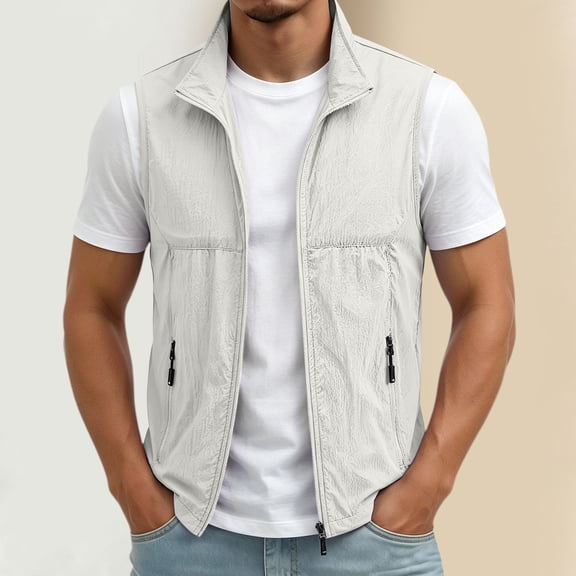 Mifsaly Men's Lightweight Windbreaker Vest Stand Collar Zip Up Sleeveless Jacket Casual Sportswear Running Outerwear Waistcoat with Zip Pockets for Golf Hiking Travel White,XXXL