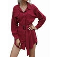 thumbnail image 2 of Womens Long Sleeve Midi Long Shirt Dress Casual Solid Button Down Curved Bottom Dresses Tops with Belt Wine Red S, 2 of 9