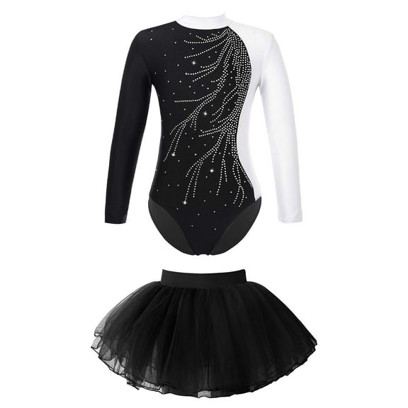 TiaoBug Kids Girls Figure Skating Ballet Dance Outfits Rhinestone Long Sleeve Leotard Tops with Tutu Skirt Set Black 16