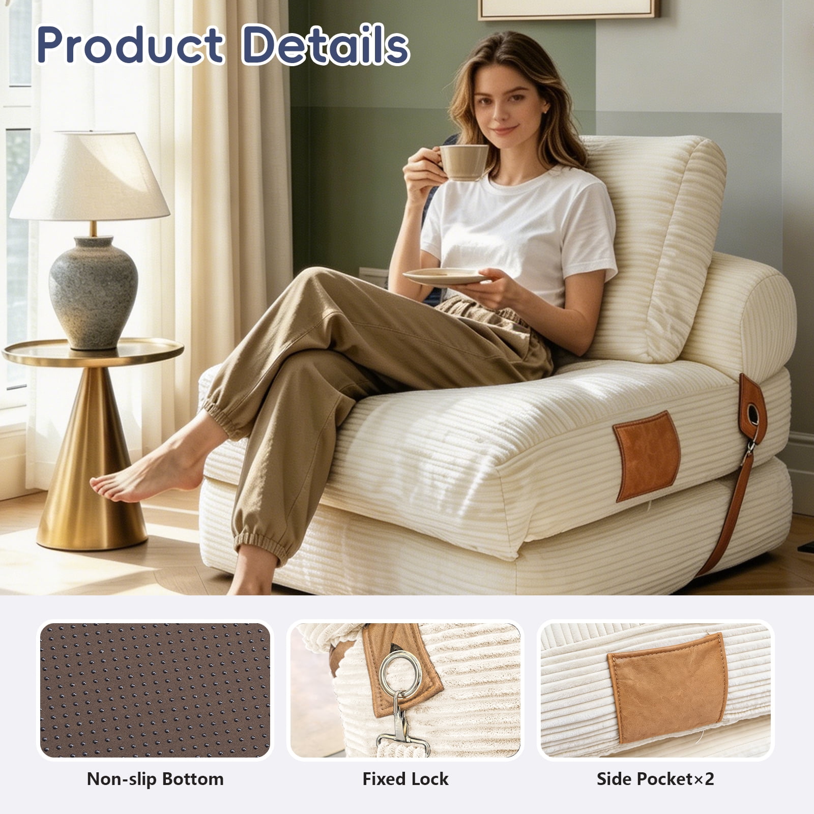 Leumius Folding Sofa Bed,Convertible Chair Bed with Pillow and Back Support,Portable Fold Out Couch Floor Sofa for Living Room Bedroom,White