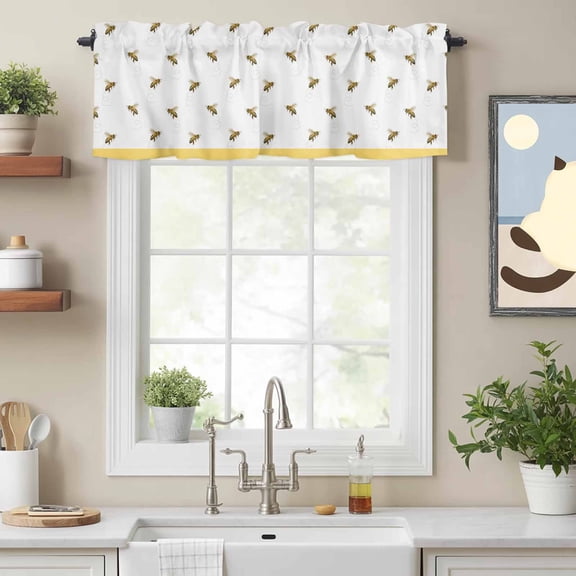 Farm Honey Bee Swirling Yellow Valances for Windows,Kitchen Valance Rod Pocket Short Curtain, Rustic Seamless Insects Valance Curtain Window Valances for Bedroom Bathroom Living Room 54x18in