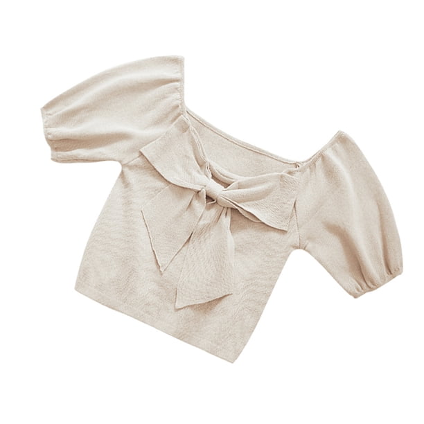 Sonducket Camisa de punto Bowknot Camiseta de color sólido Manga corta Top fino de verano Prendas para la parte del cuerpo Albaricoque