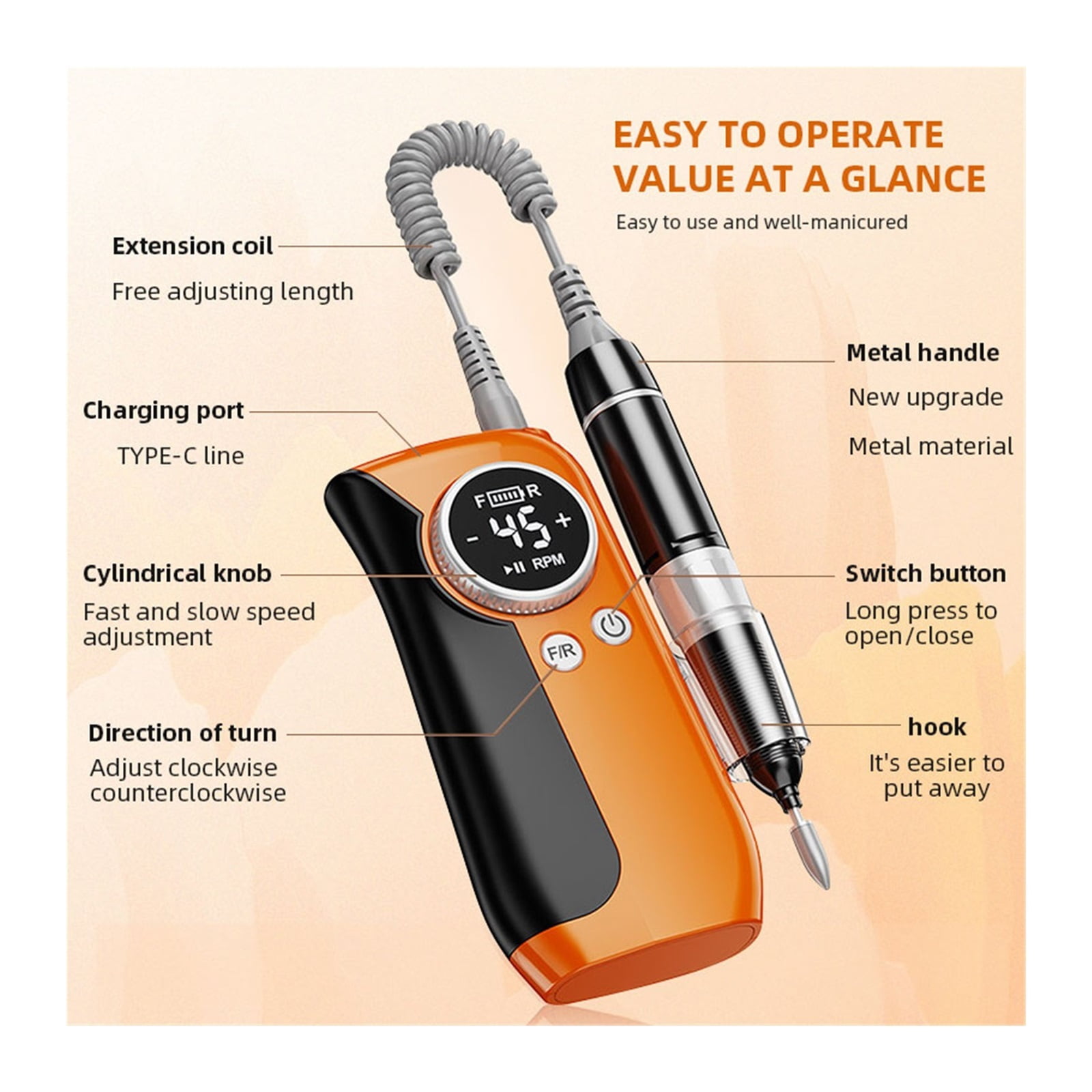 45000RPM Nail Drill Electric Manicure Machine With LCD Display, Professional Cordles Nail File Kit For Nail Equipment ,Low Noise