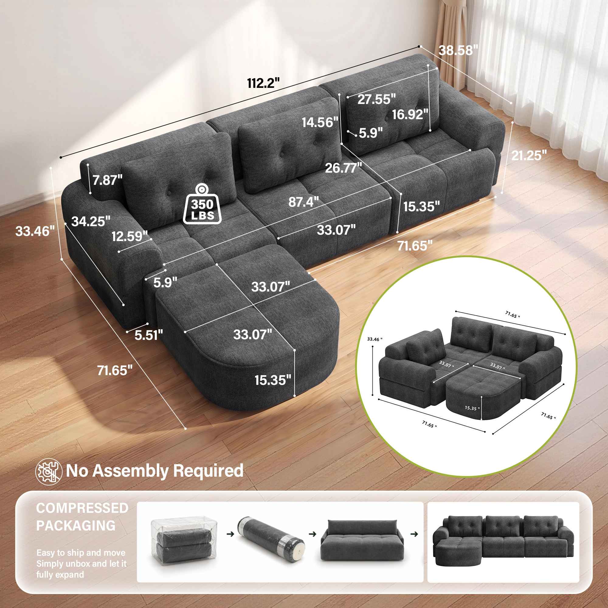 Aukfa 112" Modular Sectional Sofa with Chaise, Full-Foam Boneless Cloud Couch, Woven Chenille Oversized Deep Seat Sofa with 3 Pillows for Living Room, Dark Gray