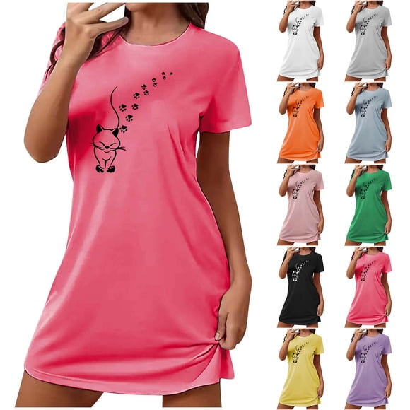CFLVAEK Chemises de Nuit pour Femmes Motifs Mignons Chemises de Nuit pour Femmes Cadeaux Doux Manches Courtes Robe de Nuit Confortable Col Rond Vêtements de Nuit 2025 L