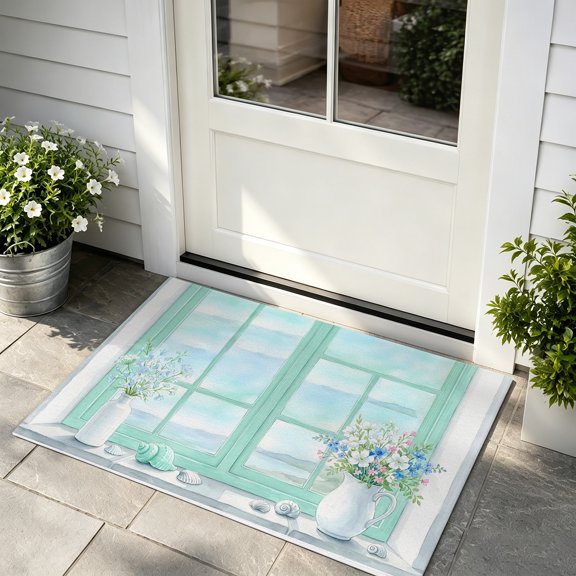 Door Mat 16x24in Coastal Summer Floral Absorbent Non-Slip Washable Doormat Nautical Window White Pitcher Shells Dirt Trapping Low Profile Entryway Rug, Indoor Outdoor Welcome Mat for Home Entrance