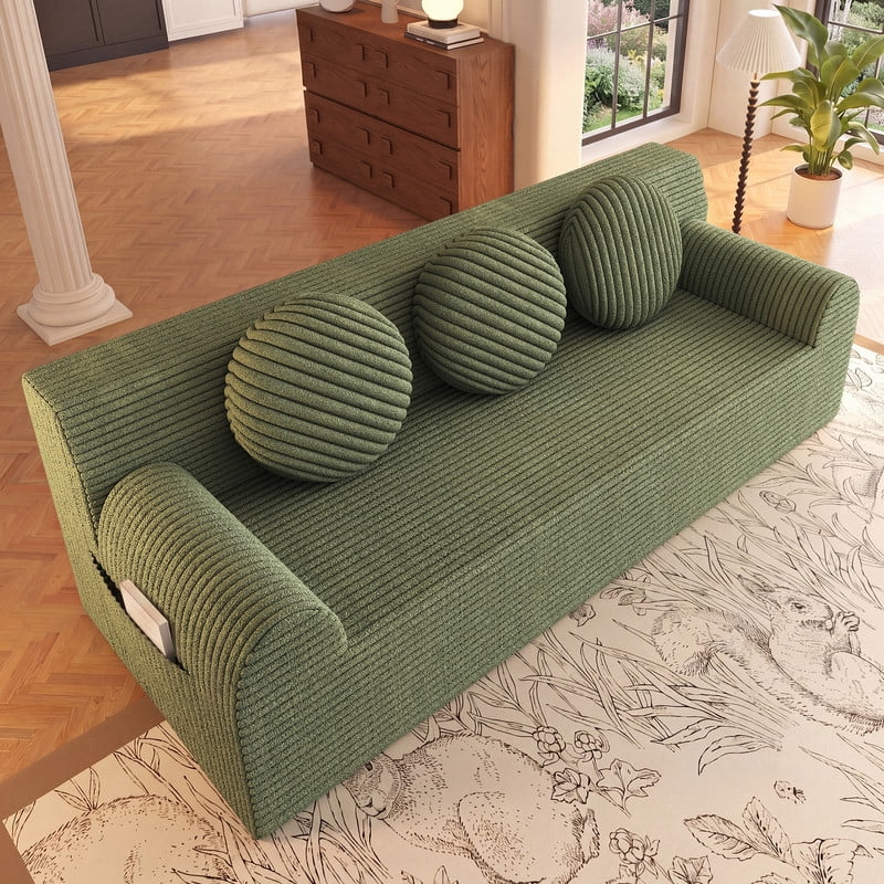 PORKISS 71 Inch Green Corduroy Couch, Boneless Cloud Couch, No Assembly Floor Sofa with 3 Round Pillows, Comfy 3 Seater Sofa Couch for Living Room, Apartment, Bedroom, Small Space