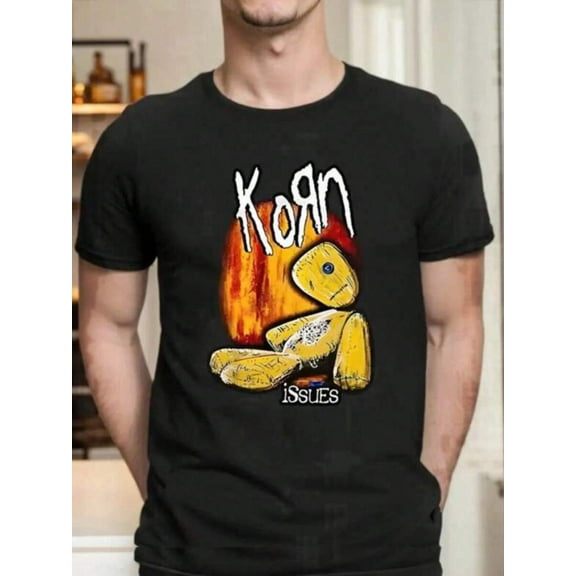 [Cotton KORN ISSUES T-Shirt] 1pc KORN ISSUES Band Graphic T-Shirt  100% Cotton Crew Neck Short Sleeve Unisex Top, Casual Knit Fabric With Slight Stretch, Geometric Applique Design For Outdoor Activit