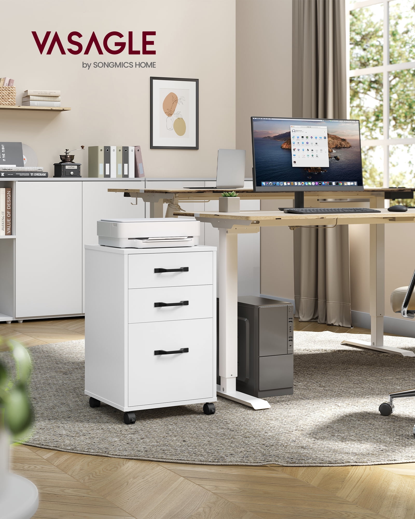 VASAGLE Mobile File Cabinet, 3 Drawers,with Wheels,for A4,Letter Sized Documents,Adjustable Hanging Rail for File Folders,Cloud White