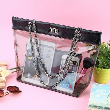 - Oie Loves Womens Jelly Clear Transparent Tote Pu Leather Chain Bag Shoulder Bags Handbag