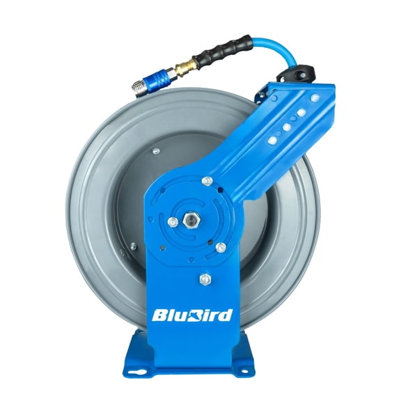 BluBird 1/2" x 50' Retractable Air Hose Reel – All-In-One Patented Design with 5-in-1 Coupler, 180° Swivel Mount, Heavy-Duty Steel, Rubber Hose, Auto Rewind